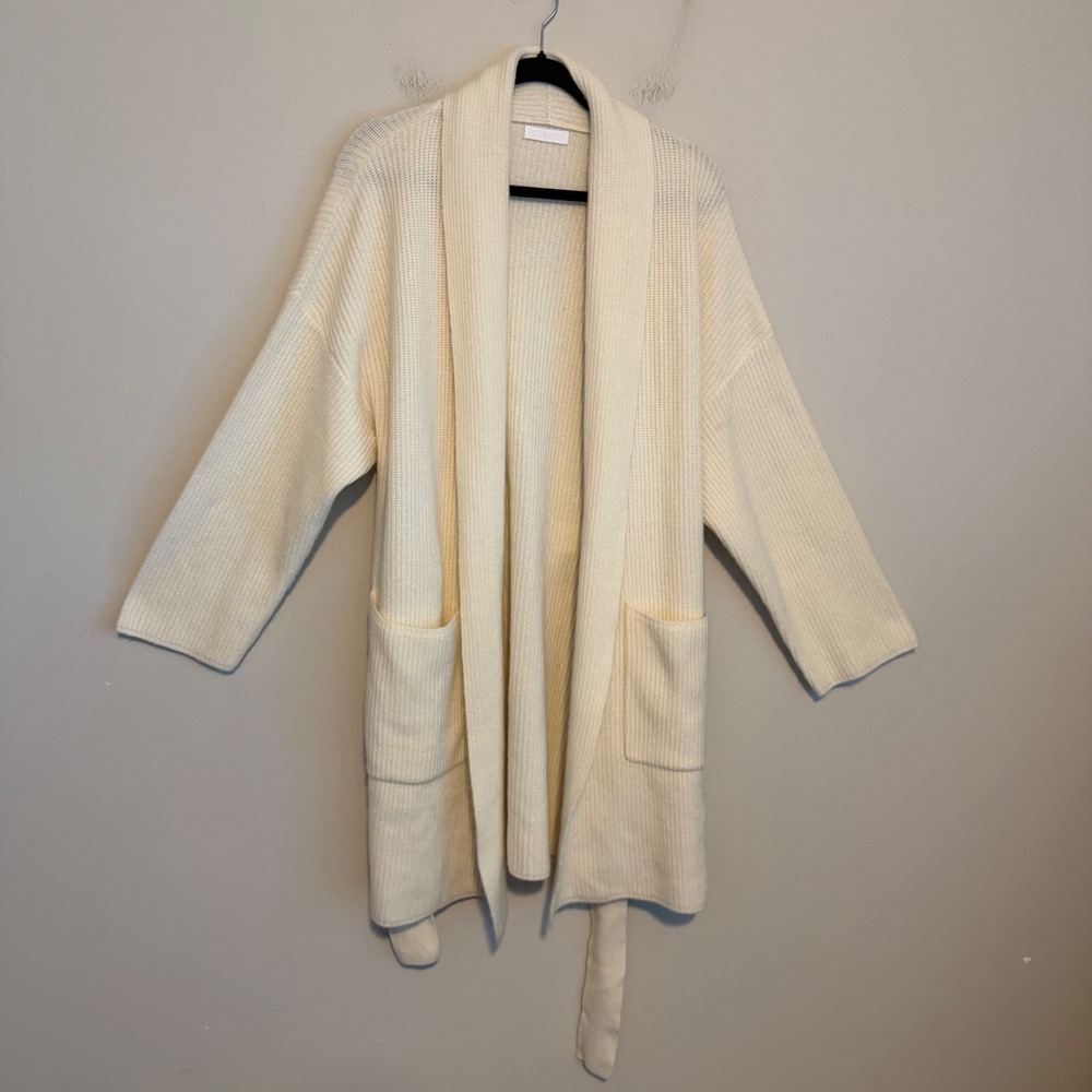 SABLYN Ivory Belted Long Cardigan Duster Shawl Collar Patch Pockets L Cashmere